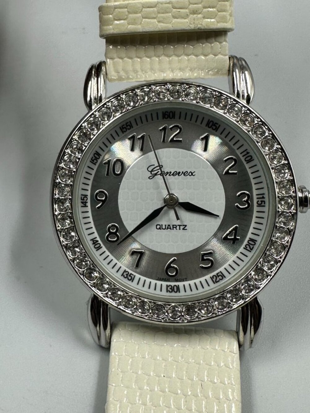 3/$30 Genevex Watch Women Silver Tone Crystal Bezel White Leather Band